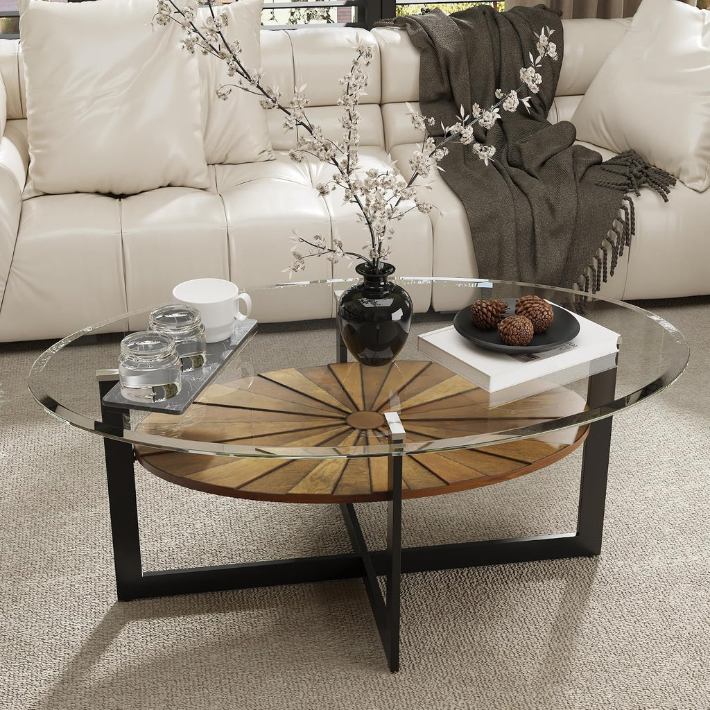 Set of 3 Living Room Tables Set -One Coffee Table and Two End Tables with Tempered Glass, 47.8" Center Table and 23.8" Beside Table with Wood Storage Shelf and Metal Leg, Brown Shelf & Black Leg B2616
