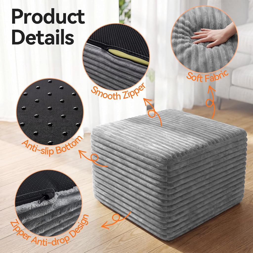23in Square Pouf Ottoman, Large Corduroy Ottoman Foot Rest with Solid High-Density Foam, Removable Washable Cover, Soft Floor Foot Stool for Living Room, Bedroom, Grey