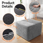 23in Square Pouf Ottoman, Large Corduroy Ottoman Foot Rest with Solid High-Density Foam, Removable Washable Cover, Soft Floor Foot Stool for Living Room, Bedroom, Grey