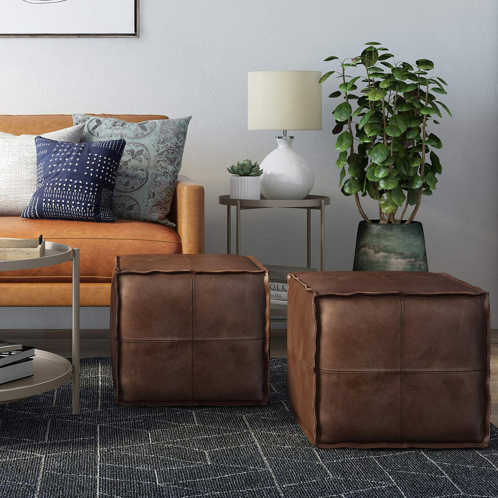 SIMPLIHOME Brody 18" Wide Square Pouf in Distressed Dark Brown Faux Leather | Boho footstool, coffee table and extra seating for living room or bedroom with assembled design, assembled; pouf ottoman.