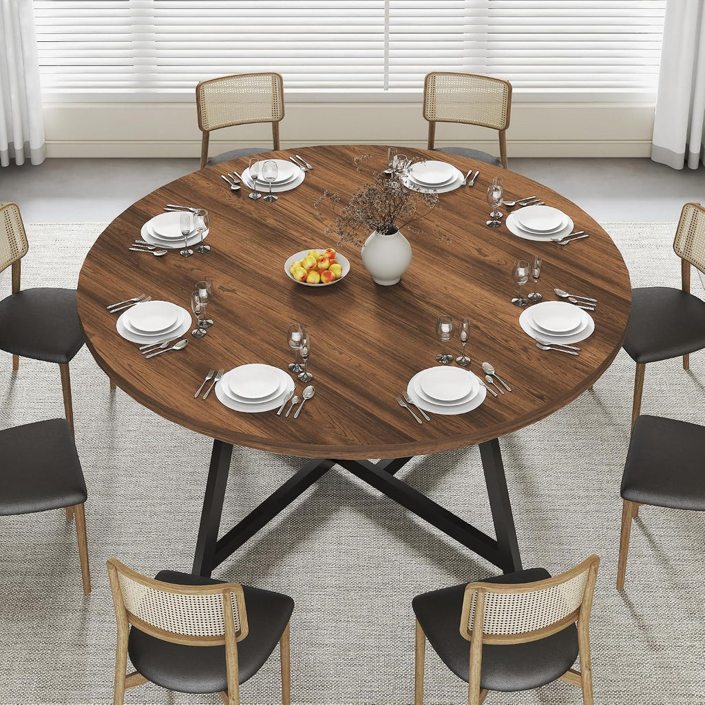 59'' Round Dining Table for 8, Wood Round Dinner Tables with Metal Base, Kitchen Table with Waterproof Tabletop, Dark Brown