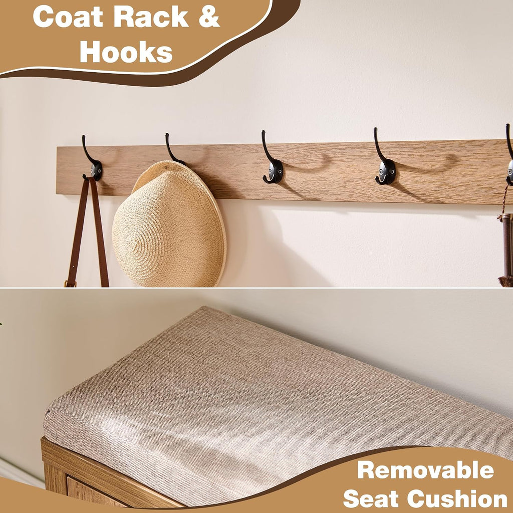 Rattan Narrow Entryway Bench with Shoe Storage, 2 Flip Drawers & Coat Rack, Mid-Century Modern Wood Shoe Cabinet with Seat Cushion for Foyer/Hallway (Rustic Oak Rattan)