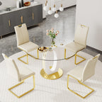 RGZ 39'' Modern Luxury Clear Glass Round Dining Table for 4-6, Glass Circle Top Kitchen Table with Elegant Gold Decorative Strips & White Base, Small Apartment Dinner Table for Home, Living Room