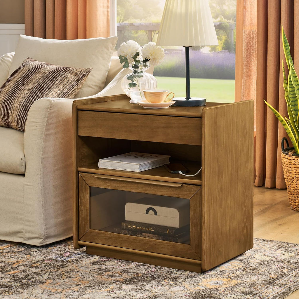 Mid Century Modern Nightstand with Charging Station & Outlet Hole & 2 Drawers, Farmhouse End Table with Open Shelf & Glass Drawer Dresser, Side Cabinet for Living Room,for Small Spaces