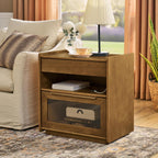 Mid Century Modern Nightstand with Charging Station & Outlet Hole & 2 Drawers, Farmhouse End Table with Open Shelf & Glass Drawer Dresser, Side Cabinet for Living Room,for Small Spaces