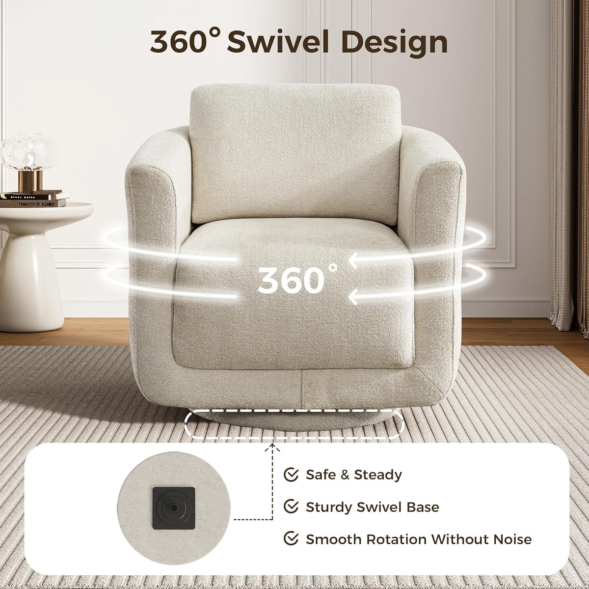 Swivel Accent Chair, 360° Barrel Chair with Solid Wood Frame & Removable Ergonomic Support Back Cushion, Fully Assembled Chenille Armchair for Living Room & Bedroom, Beige