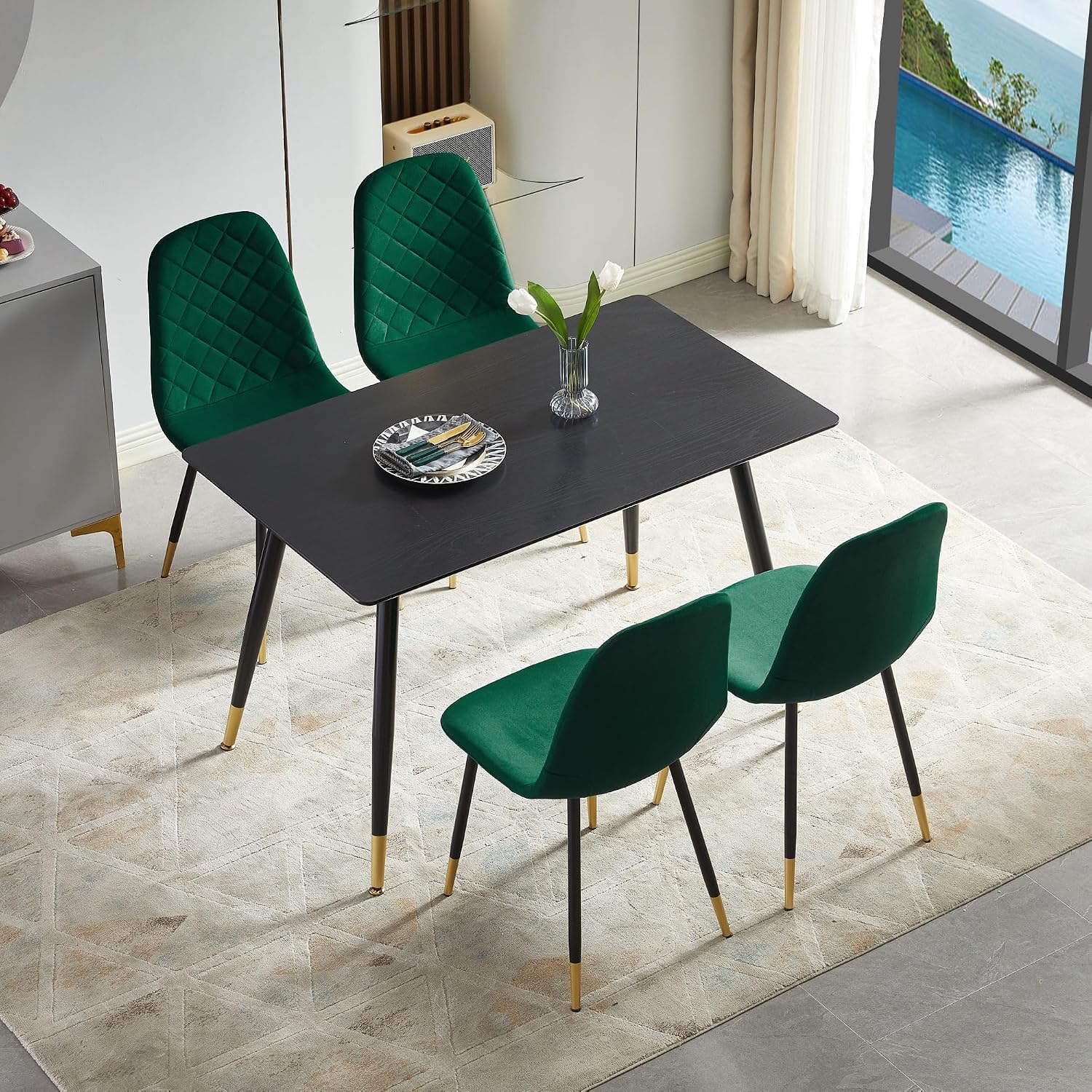 Velvet Green Dining Chairs Set of 4 - Upholstered Kitchen & Dining Room Chairs with Metal Legs, Mid-Century Modern Chairs for Living Room Dining Room Kitchen Bedroom