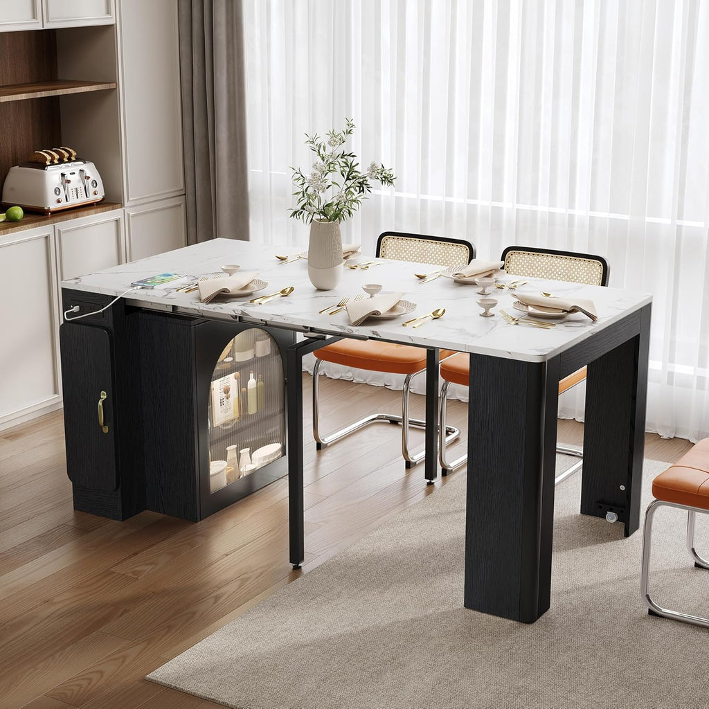 Extendable Dining Table with Storage, Transformer Console Table for 1-5 People, LED Mobile Rolling Island Table Space Saving Dining Room Table with Built-in Outlet for Homes, Apartments, Black
