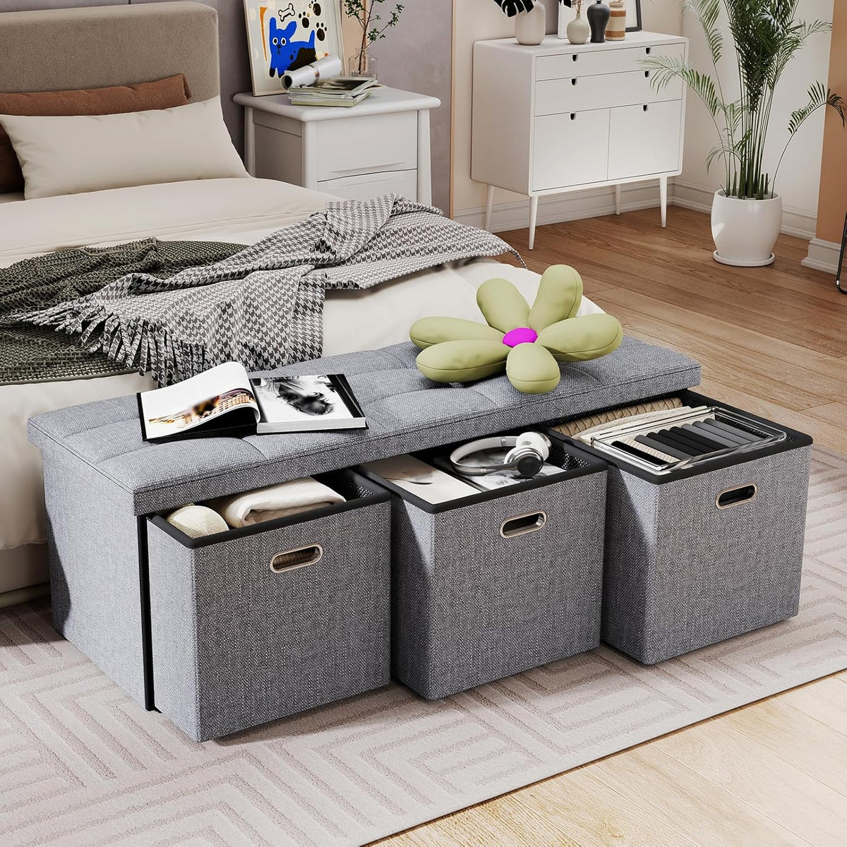 43 Inches Folding Storage Ottoman Bench with Drawers,End of Bed Foot Rest Stool with Padded Seat，Bedroom Bench for Living Room,Bedroom,Support 660lbs,Grey