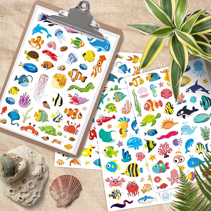 Cute Ocean Sea Animal Adhesive Stickers Tropical Fish Shark Stickers 890 Count for Boys Girls Birthday Invitations Envelopes Mermaid Under The sea Party Goodie Gifts Bags Decor Class Rewards