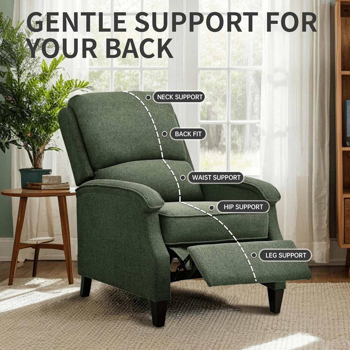 VKNOW Recliner Chair, Fabric Recliner with Soft Armrest, Home Theater Seating with Adjustable Push Back and Lumbar Support, Single Sofa for Adults, Lounge Chair for Living Room, Bedroom（Green）