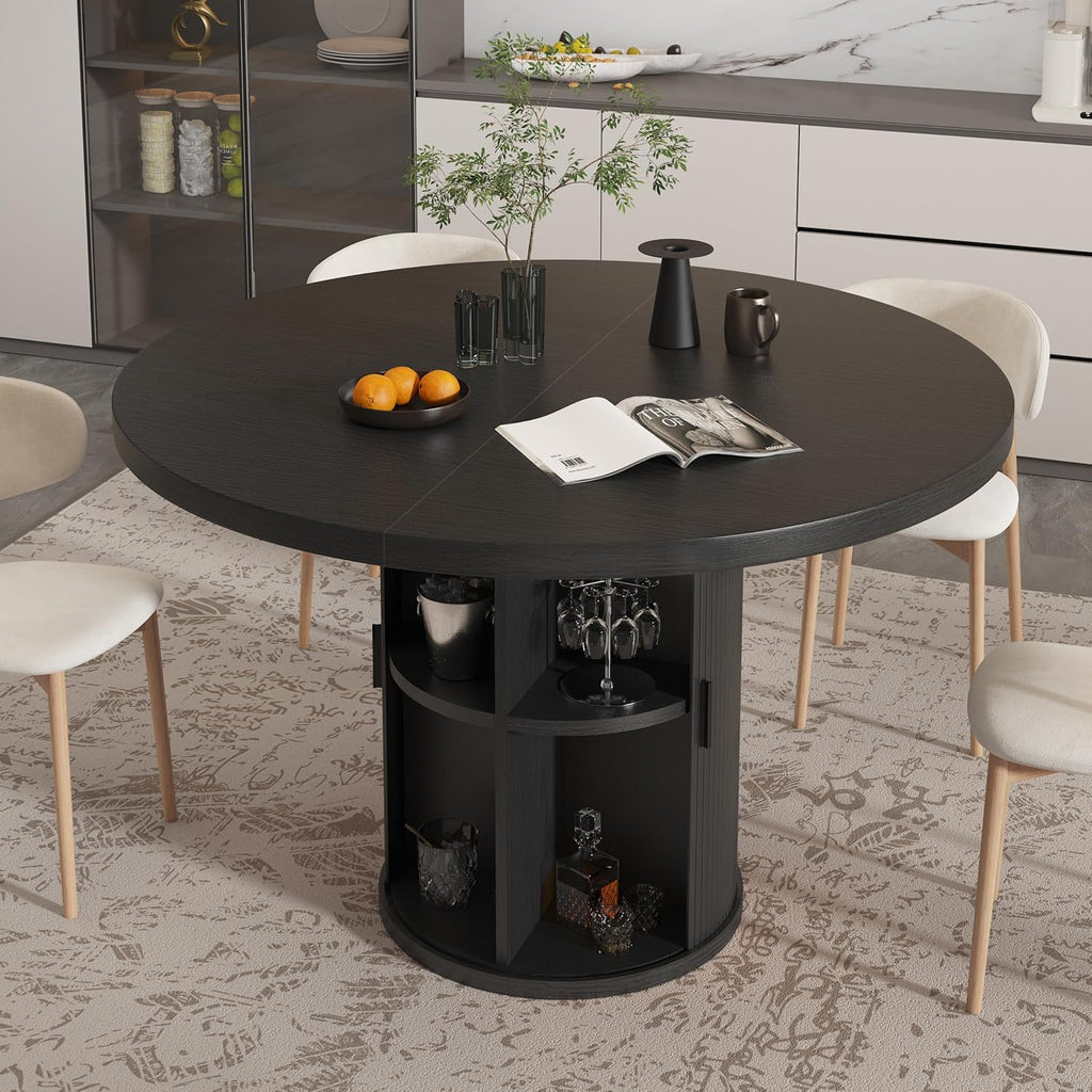 35.5'' Round Pedestal Dining Table, 2-4 Modern Fluted Dining Room Kitchen Table with Storage Shelf, Wood Base Dinner Tables for Kitchen, Breakfast Nook, Small Space, Living Room(Black)