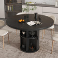 35.5'' Round Pedestal Dining Table, 2-4 Modern Fluted Dining Room Kitchen Table with Storage Shelf, Wood Base Dinner Tables for Kitchen, Breakfast Nook, Small Space, Living Room(Black)
