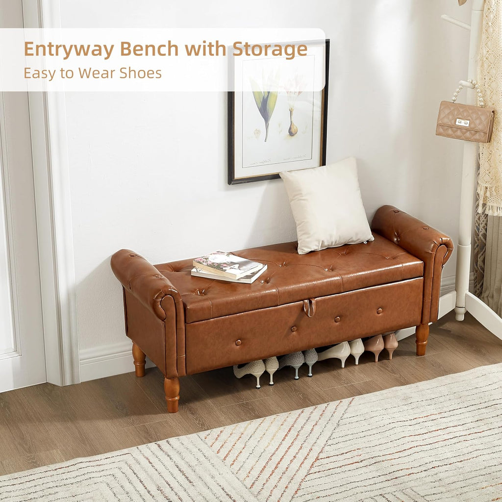 Storage Ottoman Bench, 50" Modern Upholstered End of Bed Bench, Faux Leather Rolled Armed Button-Tufted Ottoman with Storage for Living Room, Entryway, Window, Brown