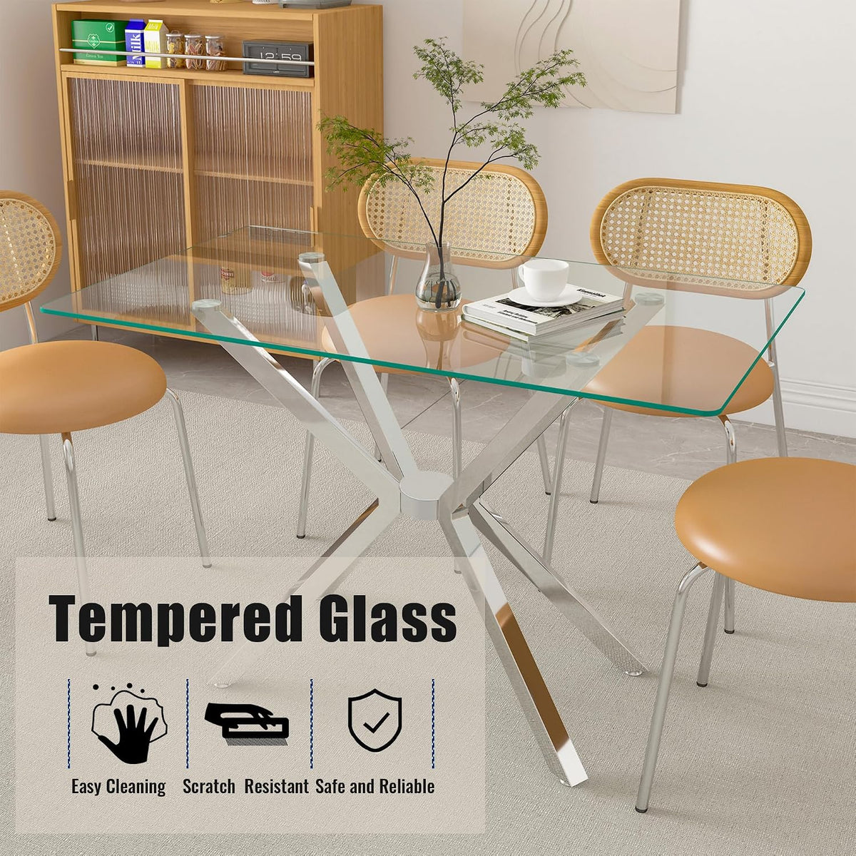 51.18" Rectangular Glass Dining Table, Tempered Glass Kitchen Tabe with Metal Legs, Stylish and Sturdy Dinner Table for Home and Outdoor Dining (Silver, 47.24")