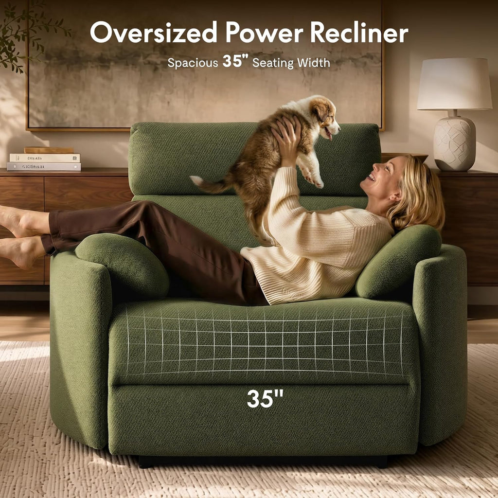 FLEXISPOT Mochi Oversized 54" Power Recliner Chair for Big & Tall, Chenille Fabric Electric Recliner with USB & Type-C Ports, Wide Single Sofa with Pillows for Living Room & Bedroom, Olive Green