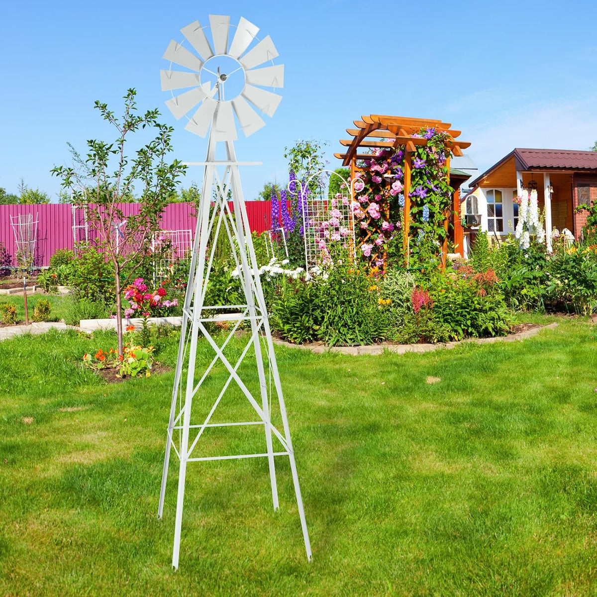 Garden Windmill for Yard Decor, 8 ft Tall Metal Windmill with Spinning Blades, Weather-Resistant Outdoor Windmill for Lawn, Farmhouse, Rustic & Farm Decor,White