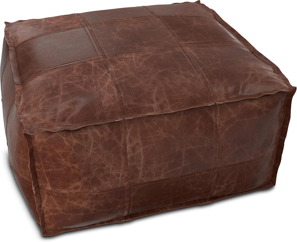 SIMPLIHOME Brody 26" Wide Genuine Leather Square Pouf in Distressed Brown | Distressed brown boho footrest, coffee table and extra seating for living room, assembled; floor cushion or accent seat.