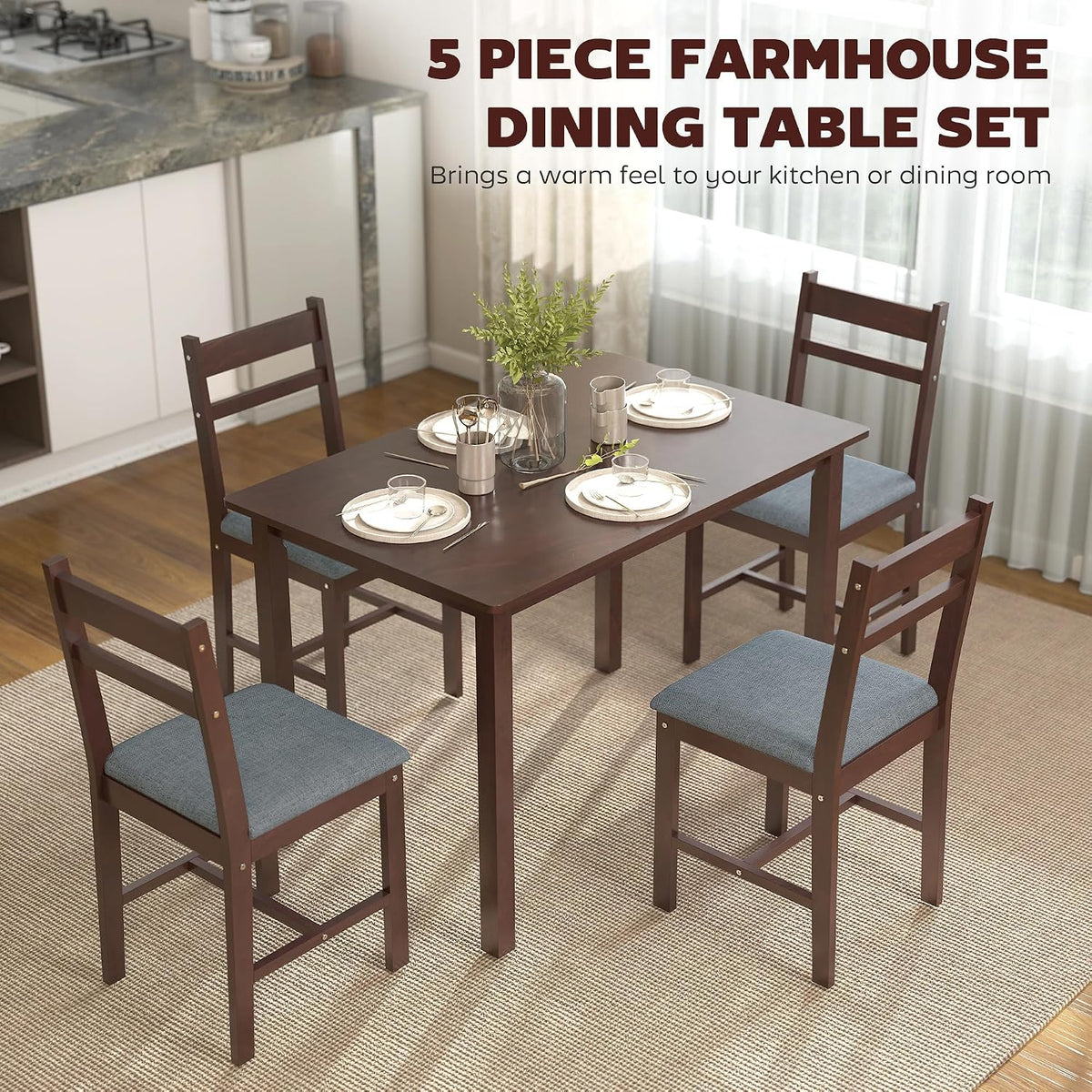 HOMCOM 5-Piece Solid Wood Dining Table Set for 4, Walnut and Gray | Farmhouse Kitchen Table, Upholstered Chairs, Small Space, Dining Room, Breakfast Nook