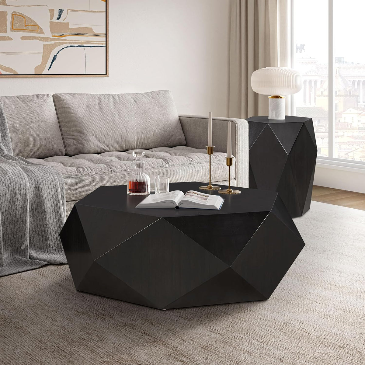 Acme Hanniel Contemporary Wood Hexagonal End Table in Antique Black