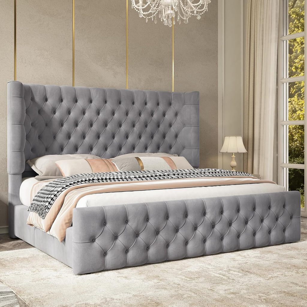 Jocisland King Bed Frame Upholstered Wingback Headboard & Footboard,Grey
