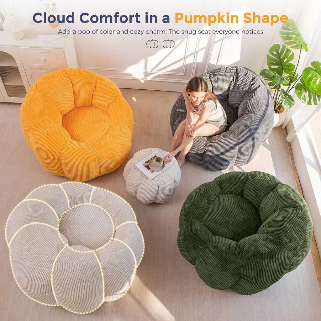 MAXYOYO Bean Bag Chair with Ottoman, Giant Pumpkin Lounge Chair for Adults | Oversized Bean Bag Chair with Footstool, Comfy and Lazy Lounge Chair for Dorm, Living Room, Bedroom, Beige