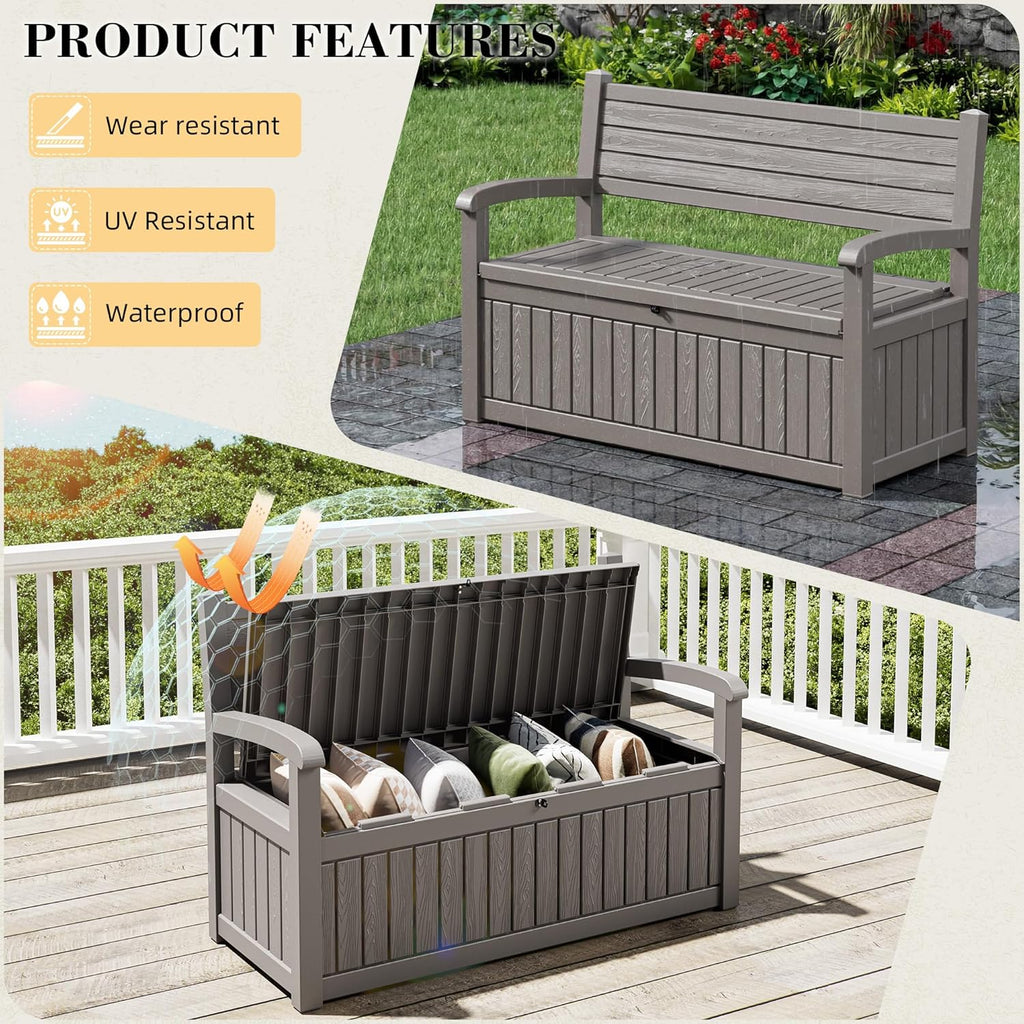 80 Gallon Outdoor Storage Box,Resin Stripes Deck Box Doubles as 2-Person Bench Seat,Waterproof Storage Outdoor Porch Bench for Cushions,Garden Tools and Pool Supplies Grey