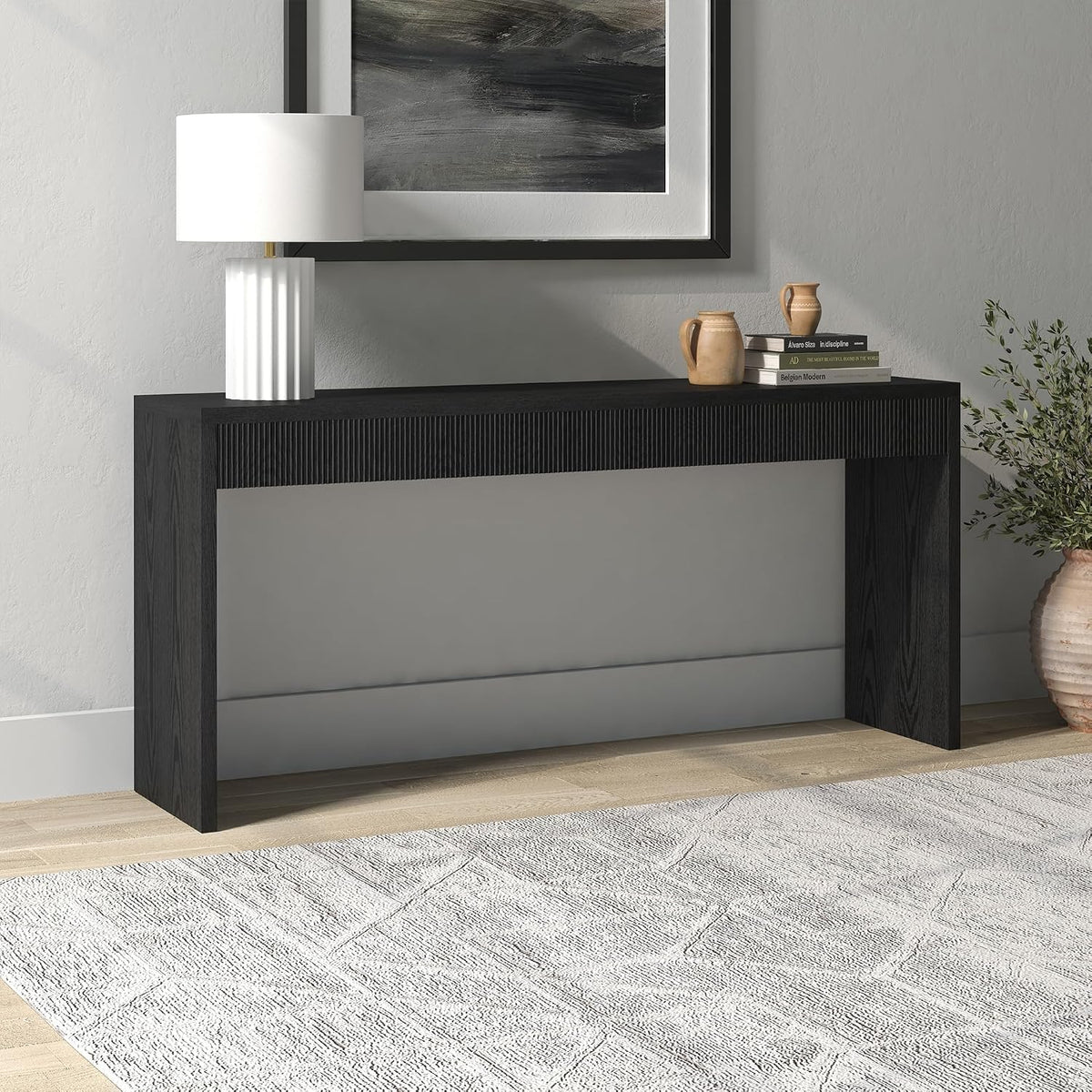 Henn&Hart 64" Rectangular Fluted Console Table, Ribbed Entryway Table, Sofa Table for Entryway, Living Room, Couch, Hallway, or Office, Natural Black
