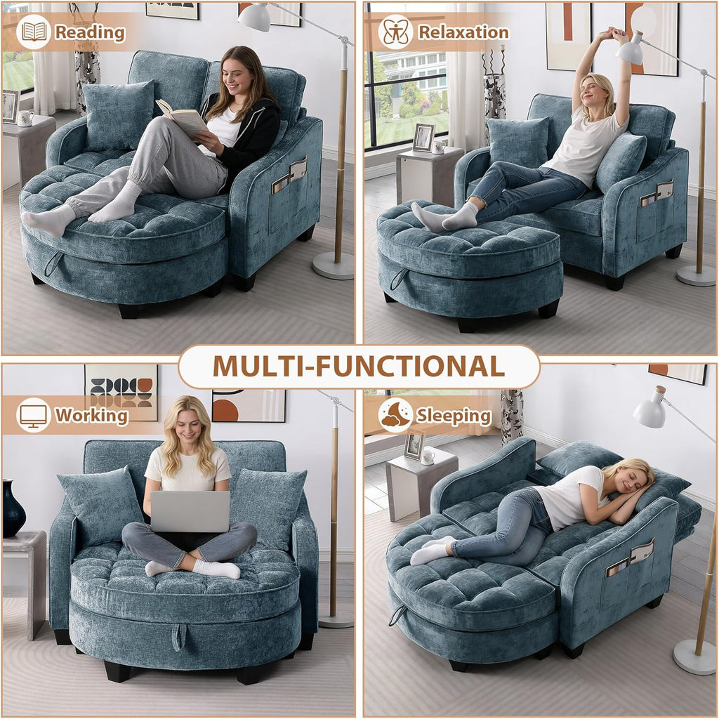 Oversized Curved Chaise Lounge Chair Indoor with Ottoman, 54.8" Cloud Reading Chair Soft Chenille Circle Couch w/Adjustable Backrest for Living Room, Apartroom, Bedroom, Blue