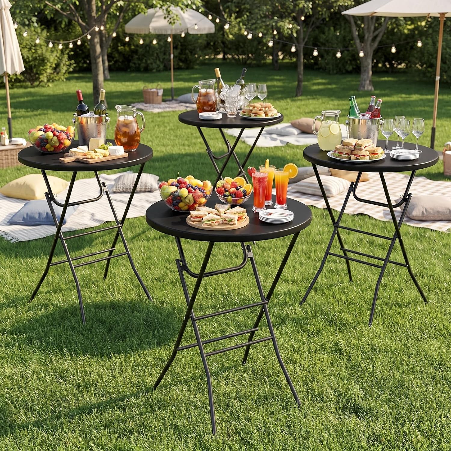 TLSUNNY 4Pcs 32" Folding Round Cocktail Table, High Top Bar Table, Black | Portable Folding Chair for Saving Space, with Locking Leg,Stable Crossbar,for Party, Commercial Events,Bistro,Indoor,Outdoor