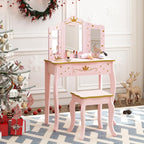 UTEX Pink Crown Princess Kids Vanity Set with Drawer for Little Girls | Wooden Toddler Vanity, Kids Vanity Table and Chair Set, Crown and Star Patterns, Gold Edge Trim, Princess Style