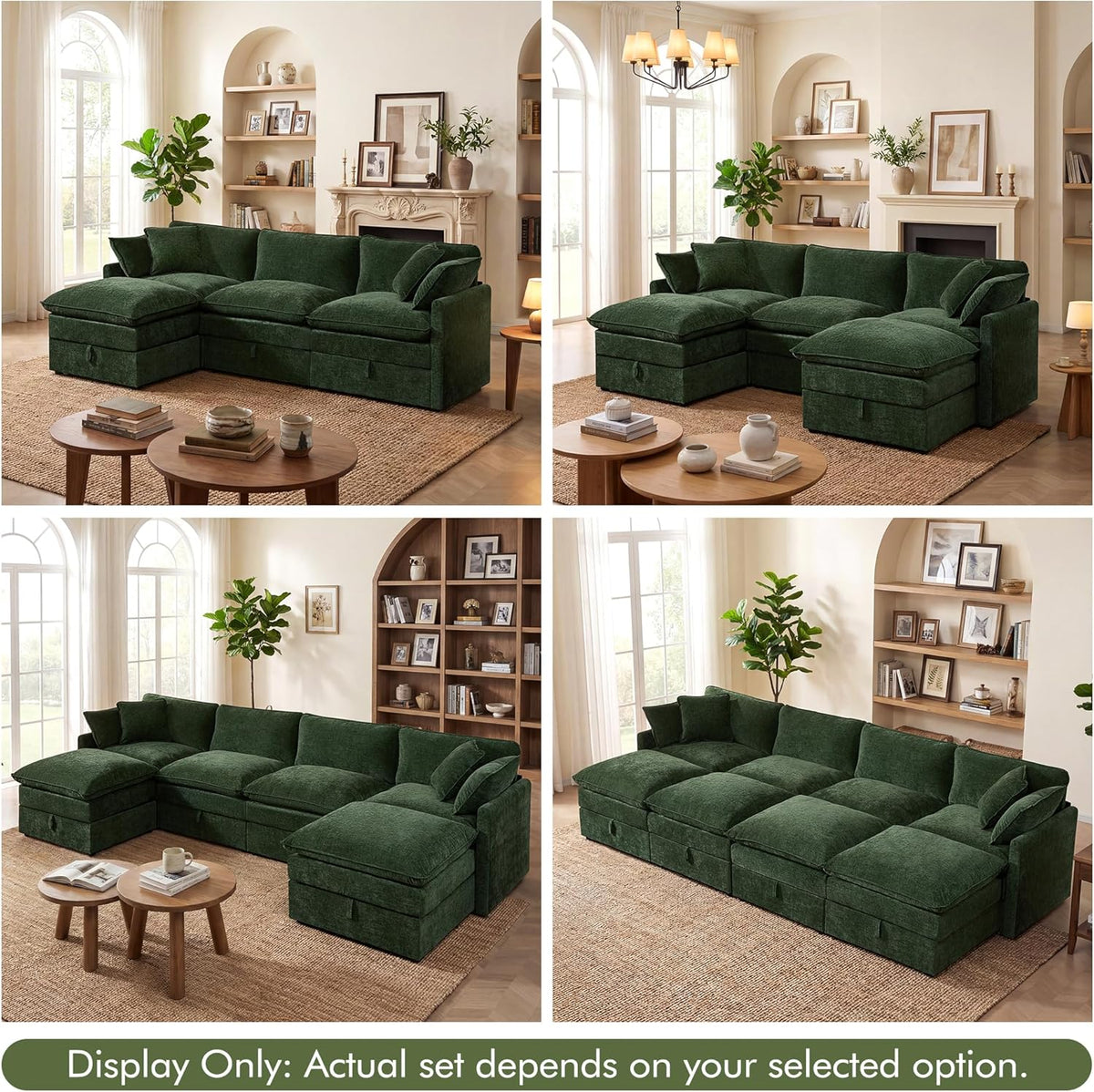 WorthFurni Modular Sectional Sofa with Storage Ottomans,103" U-Shaped Cloud Couch,Comfy Modern Couches with Pillows & Upholstered Deep Seat Cushion for Apartment Living Room Bedroom（Green）