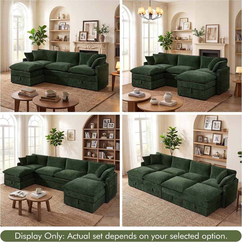 WorthFurni Modular Sectional Sofa with Storage Ottomans,103" L-Shaped Cloud Couch,Comfy Modern Couches with Pillows & Upholstered Deep Seat Cushion for Apartment Living Room Bedroom（Green）