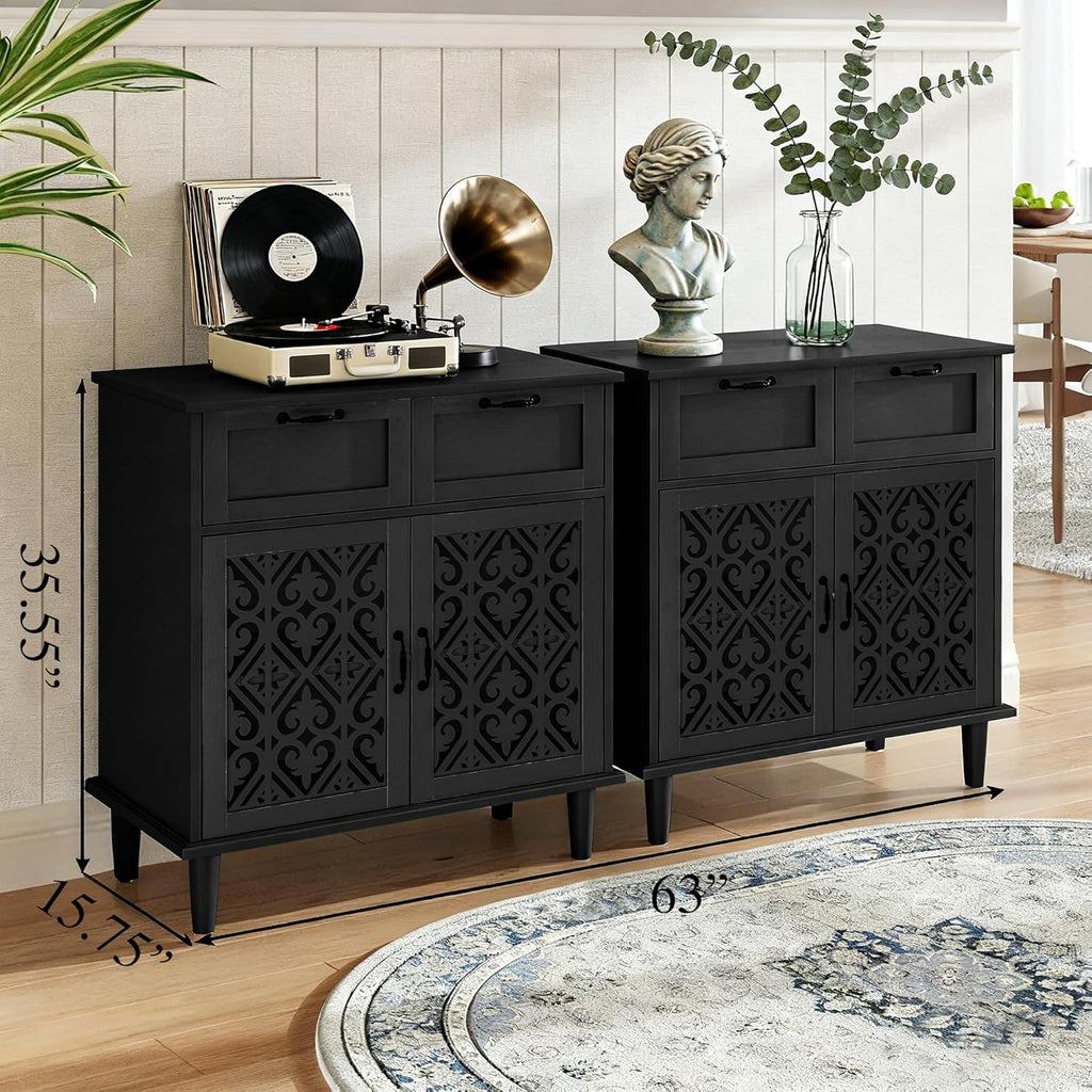 Sideboard Cabinet with 2 Doors & 2 Drawers - Adjustable Storage Console Table for Living Room, Bathroom - Modern Farmhouse Storage Cabinet with Black Handles
