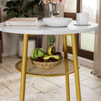 3 Pieces Round Bar Table Set, Small Dining Table for 2 Faux Marble Tabletop | Kitchen Bar Table, 2 Stools with Backrest, Breakfast Table with Storage, Round Tabletop