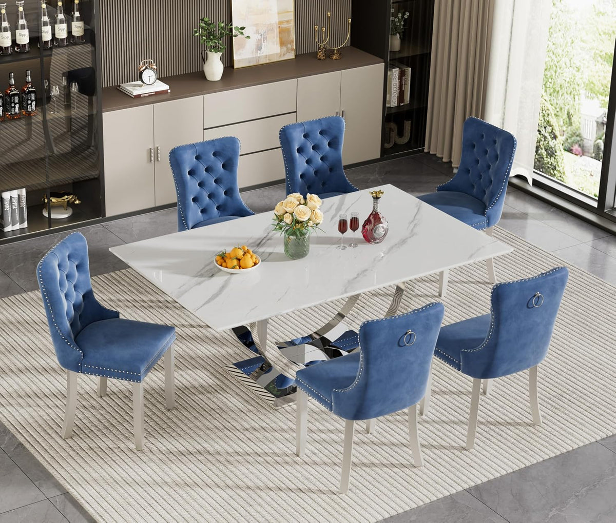 7 Piece Marble Dining Table Set for 6, 69.3" White Silver Kitchen Table with 6 Blue Chairs,Modern Rectangle Dinner Table and Chairs Set with U-Shaped Stainless Steel Base for Dining Room