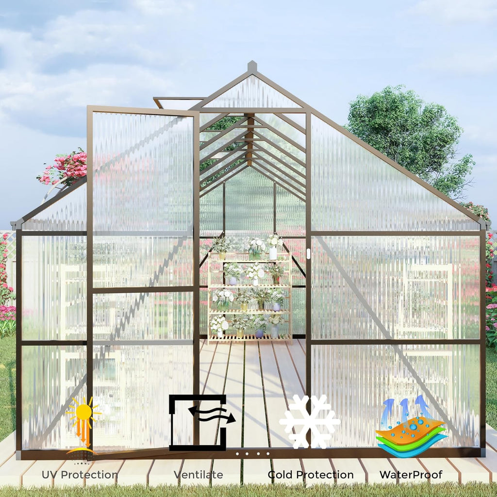 CQZY 8x12 FT Greenhouse for Outdoors, Polycarbonate Greenhouse with Quick Setup Structure and Roof Vent, Aluminum Large Walk-in Green House for Outside Garden Backyard, Dark Gray