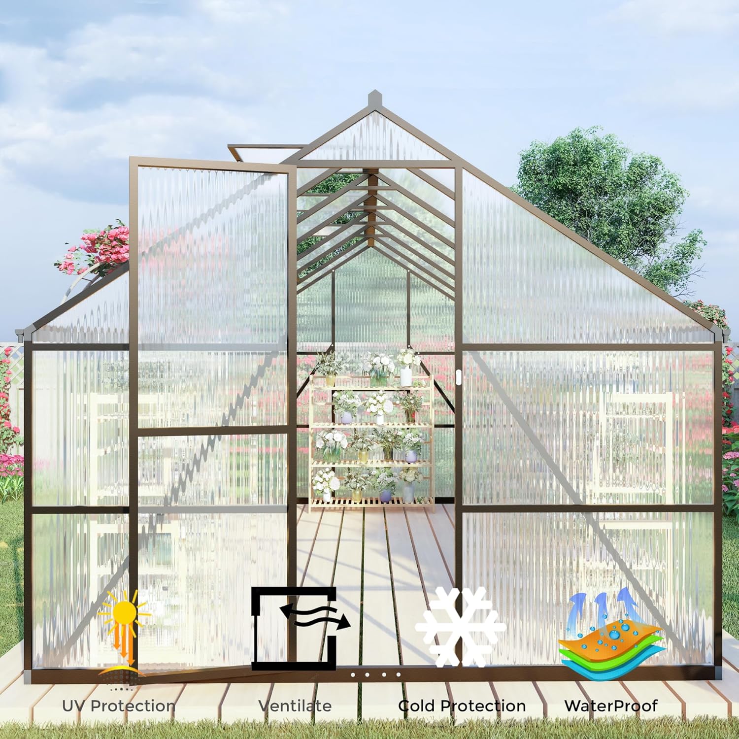 CQZY 8x12 FT Greenhouse for Outdoors, Polycarbonate Greenhouse with Quick Setup Structure and Roof Vent, Aluminum Large Walk-in Green House for Outside Garden Backyard, Dark Gray