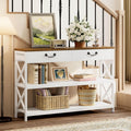 IRONCK 47.2" Farmhouse Console Table, Sofa Table with Drawer, Narrow Long Entry Table with 2 Shelf for Entryway, Living Room, Hallway, White/Walnut
