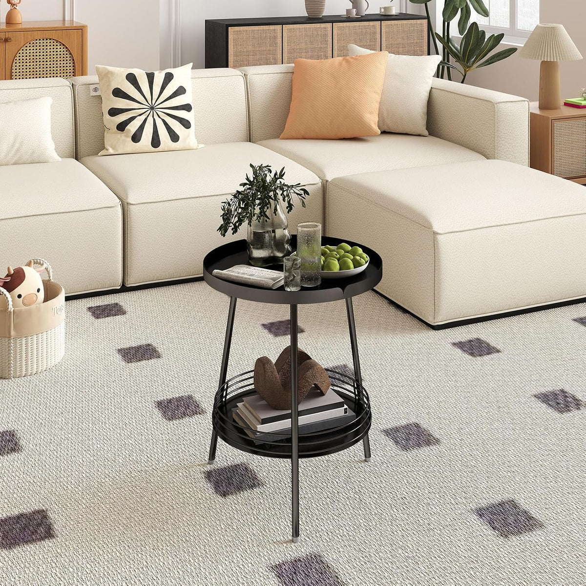 Benkyo 2 Tier Black Metal Round Side Table Tiered Two Shelf Storage Coffee Sofa End Table for Living Room and Bedroom,Black