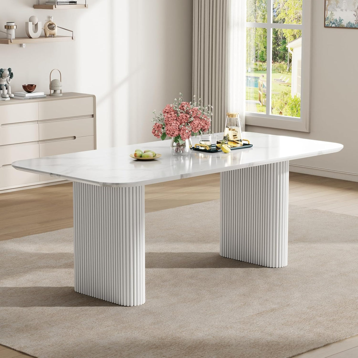 Oval Dining Table for 4-8 People, 70" Long Large Kitchen Table with Thick Sturdy Ripple Legs, Modern Spacious Rectangle Accent Dining Room Table for Dining Room/Kitchen/Apartment (Faux Marble&White)
