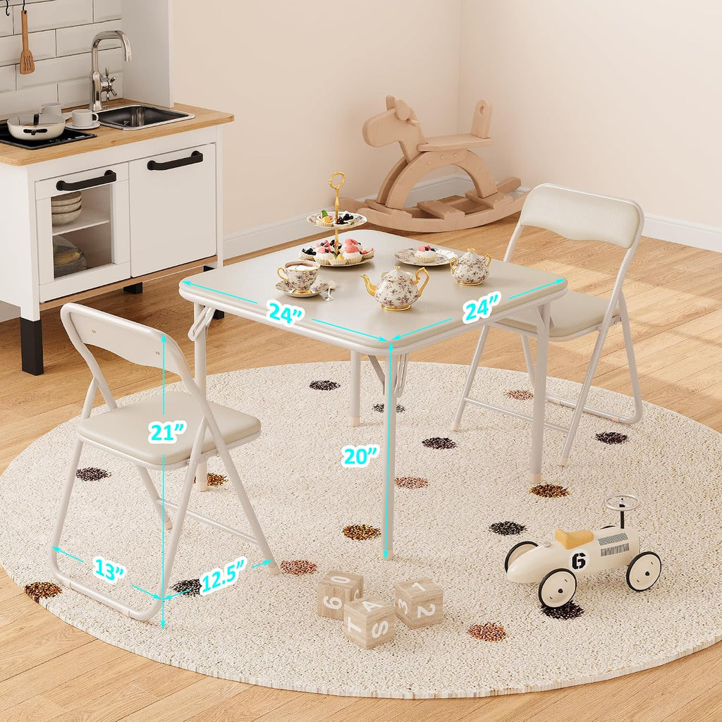 GAOMON Boys and Girls Folding Table and Chairs Set of 3, Portable Table and Chair with Pu Soft Cushion, No Installation Required, Suitable for Eating, Reading and Playing
