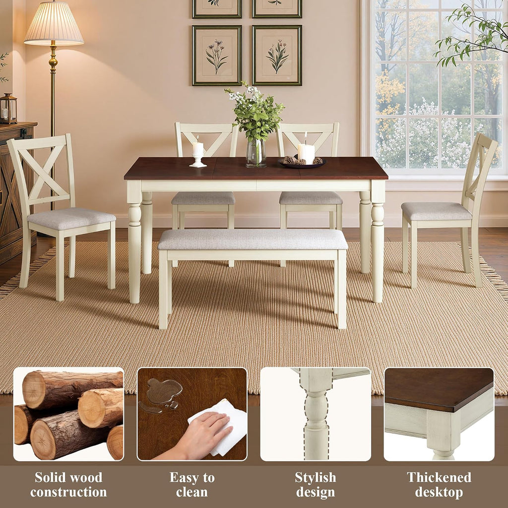 LUXOAK 6 Piece Solid Wood Dining Table Set with 60" Farmhouse Table | Solid Wood Table, 4 Upholstered Chairs, Bench Included, Seating for 6, Cream White Finish