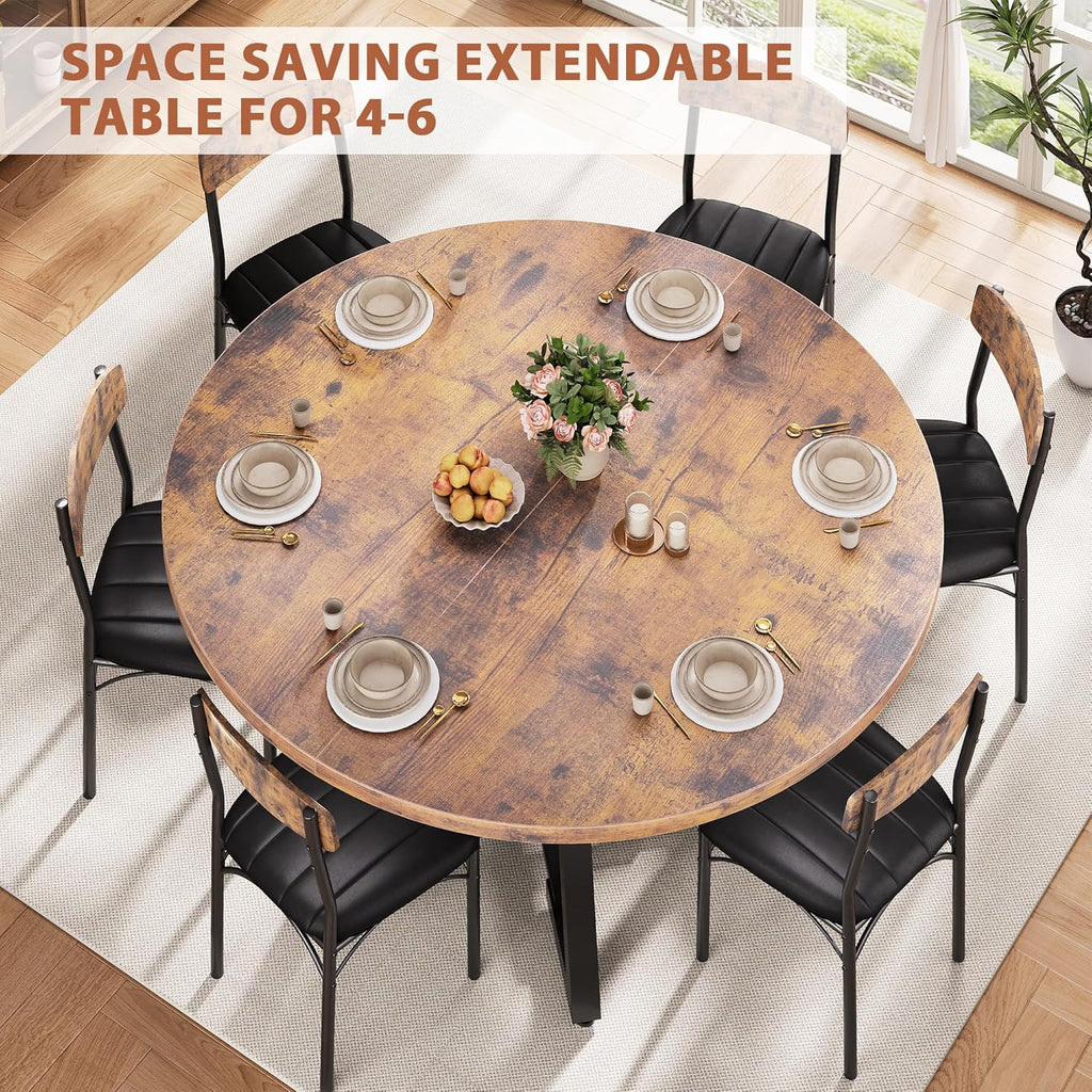 43‘’-57‘’ Extendable Round Dining Table for 4-6, Modern Industrial Kitchen Oval Dining Table with Removable Leaves, Space Saving Pedestal Base with Storage Shelf for Kitchen Living Room (Rustic)