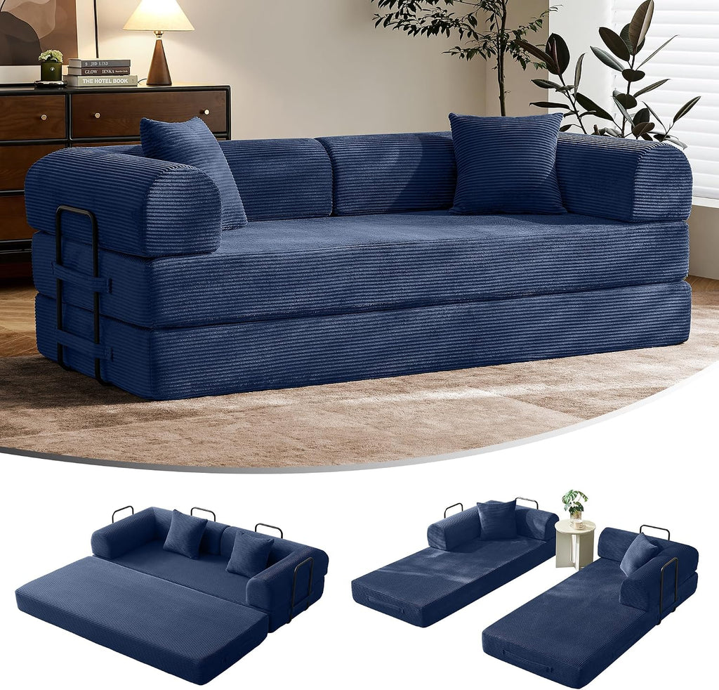 79" Convertible Futon Sofa Bed, Couch for Living Room | Blue | Folding Corduroy Sleeper Sofa, Modular Futon Couch with Fixed-Shape Frame, Pull Out Couch No Assembly