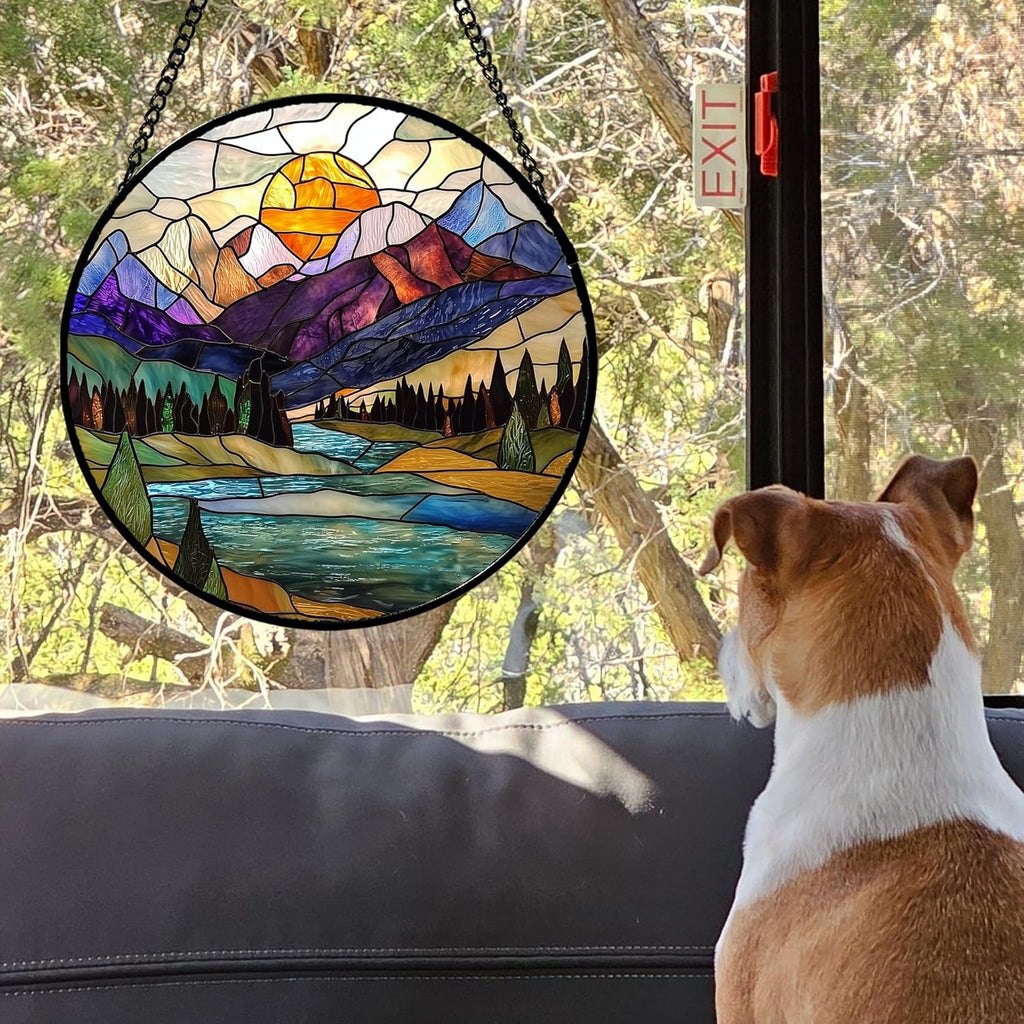 Stained Glass Window Hanging, Blue Lake Golden Sun Abstract Mountains Landscape Suncatcher for Doors Window Home Sun Catchers Decor Mother's Day Birthday Gifts for Women Men Mom 9.8 in