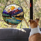 Stained Glass Window Hanging, Blue Lake Golden Sun Abstract Mountains Landscape Suncatcher for Doors Window Home Sun Catchers Decor Mother's Day Birthday Gifts for Women Men Mom 9.8 in