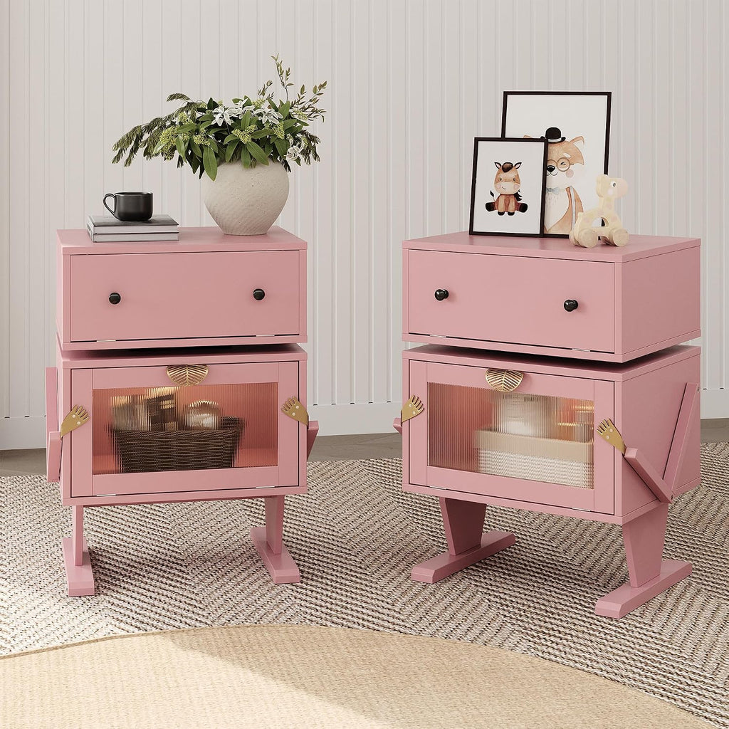 RoyalCraft Nightstand with LED Light Strips, Pink End Table for Bedroom | Modern Bedside Table with 360°Rotating Drawer, Wood Night Stand Cabinet with Glass Door Storage for Living Room, Home Office