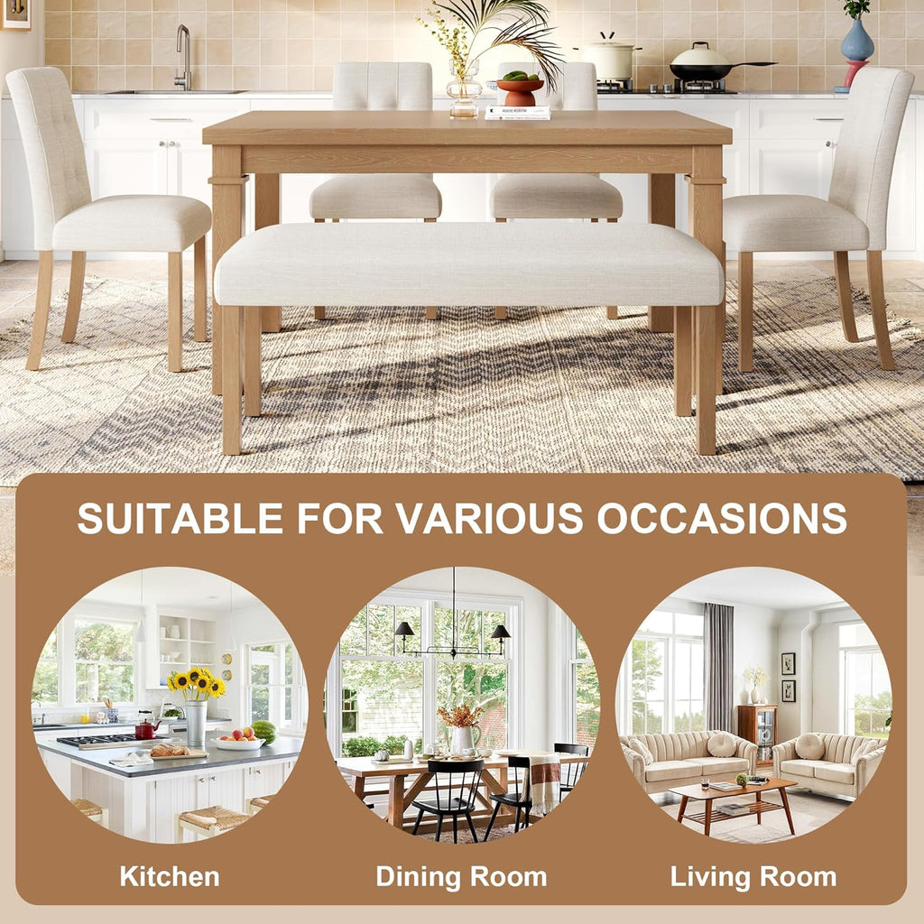 Merax 6-Piece Dining Set, Rectangle Kitchen Table with 4 Upholstered Chairs & Bench, Ideal for Dining Room and Living Room, Natural