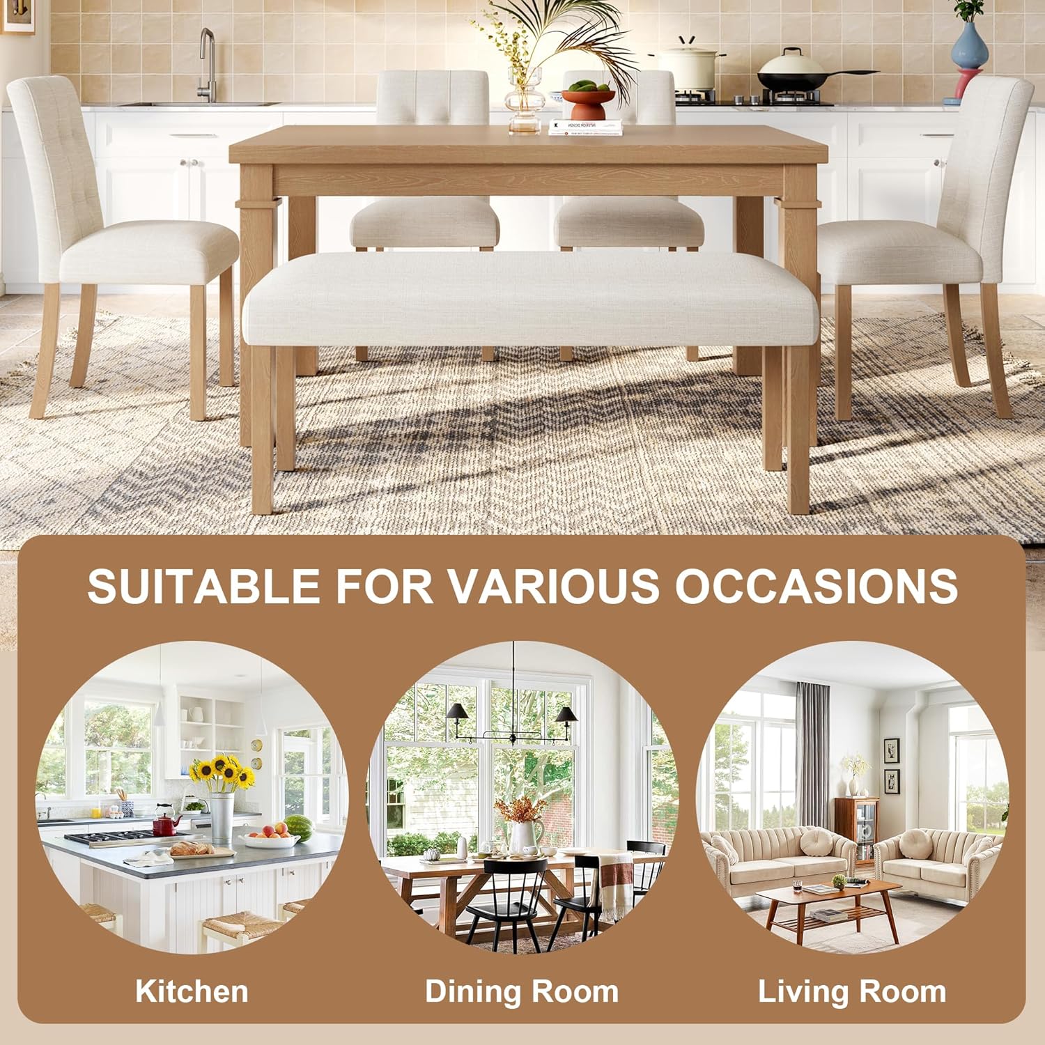 Merax 6-Piece Dining Set, Rectangle Kitchen Table with 4 Upholstered Chairs & Bench, Ideal for Dining Room and Living Room, Natural